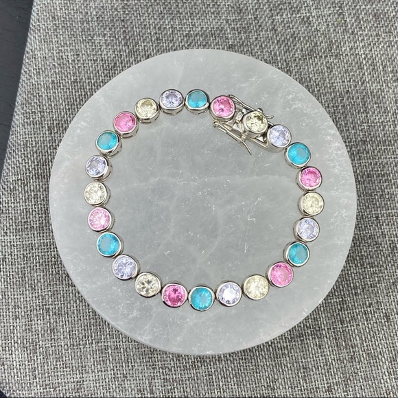 Sterling Silver Rock Candy Crystal Tennis Bracelet Pastel Colorful Bright - Picture 5 of 9